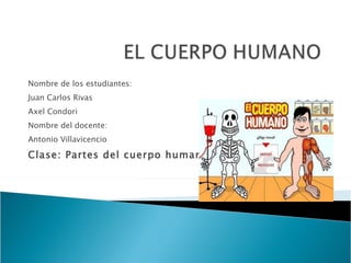 Nombre de los estudiantes: Juan Carlos Rivas  Axel Condori Nombre del docente: Antonio Villavicencio Clase: Partes del cuerpo humano 