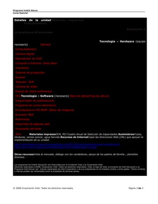 Programa Intel® Educar
Curso Esencial



 Detalles de la unidadDestrezas requeridasObservación, Coordinación motriz fina, óculo-
 manual,ProcedimientosLos niños de 4 años (II ciclo) visitan el mercado para observar, manipular los
 alimentos, adquirir algunos de ellos para preparar ensaladas, jugos, sándwich lavando, pelando, picando etc,
 y luego disfrutar de lo preparado. Y para finalizar se elabora la receta de la actividad realizada. Adaptación a
 la enseñanza diferenciada Estudiantes con adecuación curricularNo se tiene Estudiantes no
 hispano-parlantesNo se tieneEstudiantes talentososExpresión libre de algunos niños, manifestando
 su deducción inmediata de lo que se realizó y dando otras sugerencia para la preparación, usando los mismos
 productos.Materiales y recursos necesarios para la unidadTecnología – Hardware (equipo
 necesario)                  Cámara
  Computadora(s)
  Cámara digital
  Reproductor de DVD
  Conexión a Internet Disco láser
  Impresora
  Sistema de proyección
  Escáner
  Televisor VCR
  Cámara de vídeo
  Equipo de vídeo conferencia
  OtroTecnología – Software (necesario) Base de datos/Hoja de cálculo
  Diagramador de publicaciones
  Programa de correo electrónico
  Enciclopedia en CD-ROM Editor de imágenes
  Buscador Web
  Multimedia
  Desarrollo de páginas web
  Procesador de texto

  Otro       Materiales impresosDCN, PCI Cuadro Anual de Selección de Capacidades.SuministrosFrutas,
 Verduras, carnes azúcar, agua hervida.Recursos de InternetCopie las direcciones Web (URL) que apoyan la
 implementación de su unidad.
 http://alimentacion-salud.euroresidentes.com/2011/02/los-alimentos-mas-nutritivos.html
 http://www.nfsmi.org/documentlibraryfiles/PDF/20080618051119.pdf


 Otros recursosVisita al mercado, diálogo con los vendedores, apoyo de los padres de familia , utensilios
 diversos..


 Los programas de Intel® Educación son financiados por la Fundación Intel y la Corporación Intel.
 Derechos reservados ©2008, Corporación Intel. Todos los derechos reservados. Intel, el logo de Intel, la iniciativa de Intel Educación y el
 Programa Intel Educar son marcas registradas de Intel Corporation o de sus subsidiarias en los Estados Unidos y otros países. *Otros nombres
 y marcas pueden ser reclamadas como la propiedad de terceras partes.




© 2008 Corporación Intel. Todos los derechos reservados.                                                                   Página 3 de 3
 