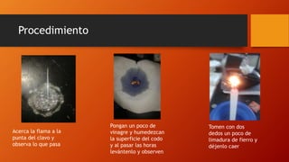Procedimiento
Acerca la flama a la
punta del clavo y
observa lo que pasa
Pongan un poco de
vinagre y humedezcan
la superficie del codo
y al pasar las horas
levántenlo y observen
Tomen con dos
dedos un poco de
limadura de fierro y
déjenlo caer
 