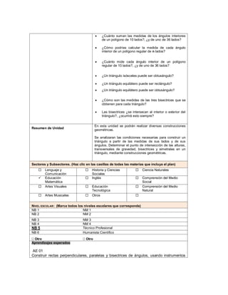 2
 ¿Cuánto suman las medidas de los ángulos interiores
de un polígono de 10 lados?, ¿y de uno de 36 lados?
 ¿Cómo podrías calcular la medida de cada ángulo
interior de un polígono regular de n lados?
 ¿Cuánto mide cada ángulo interior de un polígono
regular de 10 lados?, ¿y de uno de 36 lados?
 ¿Un triángulo isósceles puede ser obtusángulo?
 ¿Un triángulo equilátero puede ser rectángulo?
 ¿Un triángulo equilátero puede ser obtusángulo?
 ¿Cómo son las medidas de las tres bisectrices que se
obtienen para cada triángulo?
 Las bisectrices ¿se intersecan al interior o exterior del
triángulo?, ¿ocurrirá esto siempre?
Resumen de Unidad
En esta unidad se podrán realizar diversas construcciones
geométricas.
Se analizaran las condiciones necesarias para construir un
triángulo a partir de las medidas de sus lados y de sus
ángulos. Determinar el punto de intersección de las alturas,
transversales de gravedad, bisectrices y simetrales en un
triángulo, mediante construcciones geométricas.
Sectores y Subsectores. (Haz clic en las casillas de todas las materias que incluya el plan)
 Lenguaje y
Comunicación
 Historia y Ciencias
Sociales
 Ciencia Naturales
 Educación
Matemática
 Inglés  Comprensión del Medio
Social
 Artes Visuales  Educación
Tecnológica
 Comprensión del Medio
Natural
 Artes Musicales  Otros 
NIVEL ESCOLAR: (Marca todos los niveles escolares que corresponda)
NB 1 NM 1
NB 2 NM 2
NB 3 NM 3
NB 4 NM 4
NB 5 Técnico Profesional
NB 6 Humanista Científico
 Otro  Otro
Aprendizajes esperados
AE 01
Construir rectas perpendiculares, paralelas y bisectrices de ángulos, usando instrumentos
 