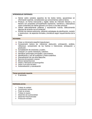 4




APRENDIZAJE ESPERADO:

      Opinar sobre variados aspectos de los textos leídos, apoyándose en
       información explícita, considerando sus conocimientos sobre el tema.
      Producir, en forma manuscrita y digital, textos de intención literaria y no
       literaria con propósitos principalmente expresivos, narrativos y descriptivos
       sobre contenidos de interés general y en torno a una idea principal.
      Utilizar adecuadamente palabras y expresiones nuevas, seleccionando
       algunas de acuerdo con el contenido.
      Escribir de manera autónoma, utilizando estrategias de planificación, revisión
       y reestructura de aspectos formales y temáticos según requerimientos de la
       tarea.

Actividades

         Crear un diccionario español-mapudungun.
         Comprensión lectora de: inferencia, deducción, anticipación, análisis,
         reflexionar, comprensión de los hechos e intenciones, anticipación y
         predicción.
         Completación de oraciones y cuadro.
         Creación un cuento individual y colectivo.
         Identificar personajes principales y secundarios.
         Identificación y uso de sustantivo y frase sustantiva.
         Dramatización de una obra Mapuche.
         Ejercicios de expresión corporal
         Breves representaciones
         Diseño y fabricación de escenografías
         Asistir a una obra de teatro
         Autoevaluación y coevaluación



Tiempo aproximado requerido
        6 semanas.




Habilidades previas

        Trabajo de oralidad
        Comprensión lectora
        Poder de síntesis
        Trabajo en equipo
        Desarrollo de la personalidad
        Desarrollo Psicomotricidad
        Producción de texto
 