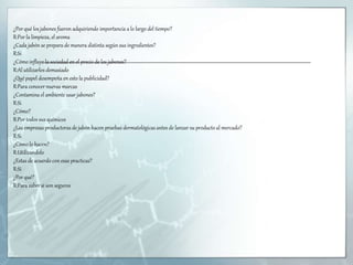 ¿Por qué los jabones fueron adquiriendo importancia a lo largo del tiempo?
R:Por la limpieza, el aroma
¿Cada jabón se prepara de manera distinta según sus ingredientes?
R:Si
¿Cómo influye la sociedad en el precio de los jabones?
R:Al utilizarlos demasiado
¿Qué papel desempeña en esto la publicidad?
R:Para conocer nuevas marcas
¿Contamina el ambiente usar jabones?
R:Si
¿Cómo?
R:Por todos sus químicos
¿Las empresas productoras de jabón hacen pruebas dermatológicas antes de lanzar su producto al mercado?
R:Si
¿Cómo lo hacen?
R:Utilizandolo
¿Estas de acuerdo con esas practicas?
R:Si
¿Por qué?
R:Para saber si son seguros
 