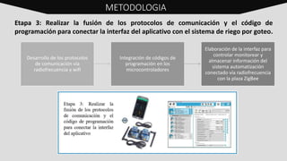 Etapa 3: Realizar la fusión de los protocolos de comunicación y el código de
programación para conectar la interfaz del aplicativo con el sistema de riego por goteo.
Desarrollo de los protocolos
de comunicación vía
radiofrecuencia y wifi
Integración de códigos de
programación en los
microcontroladores
Elaboración de la interfaz para
controlar monitorear y
almacenar información del
sistema automatización
conectado vía radiofrecuencia
con la plaza ZigBee
METODOLOGIA
 