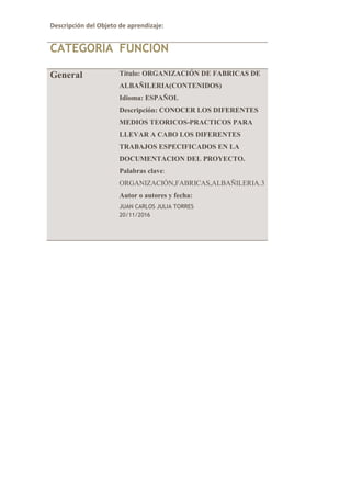 Descripción del Objeto de aprendizaje:
CATEGORÍA FUNCIÓN
General Título: ORGANIZACIÓN DE FABRICAS DE
ALBAÑILERIA(CONTENIDOS)
Idioma: ESPAÑOL
Descripción: CONOCER LOS DIFERENTES
MEDIOS TEORICOS-PRACTICOS PARA
LLEVAR A CABO LOS DIFERENTES
TRABAJOS ESPECIFICADOS EN LA
DOCUMENTACION DEL PROYECTO.
Palabras clave:
ORGANIZACIÓN,FABRICAS,ALBAÑILERIA.3
Autor o autores y fecha:
JUAN CARLOS JULIA TORRES
20/11/2016
 