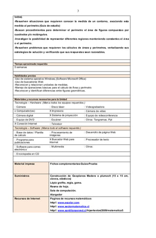 3
lados).
-Re suelven situaciones que requieren conocer la medida de un contorno, asociando esta
medida al perímetro.(Guía de estudio)
-Buscan procedimientos para determinar el perímetro el área de figuras compue sta s por
cuadrados y/o rectángulos.
-Inve stigan la posibilidad de representar diferentes regiones manteniendo constante s el á rea
o el perímetro.
-Re suelven problemas que requieren los cálculos de áreas y perímetros, verbalizando sus
estrategias de solución y verificando que sus re spue sta s sean razonables.



Tiempo aproximado requerido
5 semanas


Habilidades previas
-Uso de sistema operativo Windows.(Software Microsoft Office)
-Uso de buscadores Web
-Rec onoc en y relacionan unidades de medidas.
-Manejo de operaciones básicas para el cálculo de Área y perímetro
-Rec onoc en y identifican diferencias entre figuras geométricas.


Materiales y recursos necesarios para la Unidad
Tecnología – Hardware: (Marc a todos los equipos requeridos.)
Cámara                        Disco láser                     ideograbadora
                                                                V
x Comput ador(es)              X Impresora                     Cámara de vídeo
Cámara digital                X Sistema de proyección          quipo de videoconferencia
                                                                E
 quipo de DV D
 E                             Escáner                        Otros: Tangramas, Ppt
X Conexión Internet            Televisor
Tecnología – Soft ware: (Marca todo el soft ware requerido.)
 ase de datos / Planilla
 B                              roc esamiento de
                                 P                             Des arrollo de página Web
de calculo                     imágenes
 rograma para
 P                             X Buscador Web para              roc esador de texto
                                                                P
publicaciones                  Internet
 oftware para correo
  S                            Multimedia                     Otros:
electrónic o
 nciclopedia en CD
 E



Material impreso                Fichas complementarias-Guías-Prueba



Suministros                     Construcción de Geoplanos Madera o plumavit (15 x 15 cm,
                                clavos, elásticos)
                                Lápiz grafito, regla, goma.
                                Resma de hoja.
                                Sala de computación.
                                Alargador
Recursos de Internet            Paginas de recursos matemáticos
                                http//: www.escolar.com
                                http//: www.sectormatematica.cl
                                http//: www.santillanaenred.cl/hipertextos/2009/matematica5
 