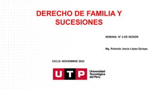 DERECHO DE FAMILIA Y
SUCESIONES
SEMANA N° 2 DE SESION
Mg. Rolando Jesús López Quispe.
CICLO- NOVIEMBRE 2022
 