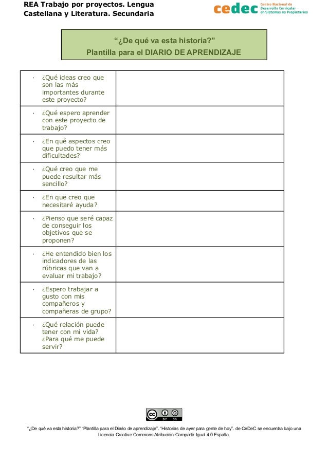 REA Trabajo por proyectos. Lengua
Castellana y Literatura. Secundaria
“¿De qué va esta historia?”
Plantilla para el DIARIO...