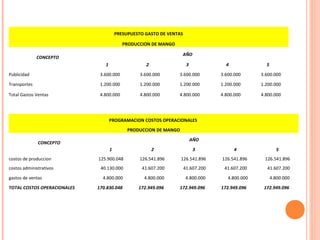 PRESUPUESTO GASTO DE VENTAS

                                           PRODUCCION DE MANGO

                                                                   AÑO
              CONCEPTO
                                1                   2                  3             4              5

Publicidad                    3.600.000           3.600.000      3.600.000         3.600.000      3.600.000

Transportes                   1.200.000           1.200.000      1.200.000         1.200.000      1.200.000

Total Gastos Ventas           4.800.000           4.800.000      4.800.000         4.800.000      4.800.000




                                    PROGRAMACION COSTOS OPERACIONALES
                                             PRODUCCION DE MANGO

                                                                           AÑO
              CONCEPTO
                                    1                   2                   3            4                5
costos de produccion         125.900.048          126.541.896      126.541.896     126.541.896     126.541.896
costos administrativos        40.130.000          41.607.200          41.607.200    41.607.200      41.607.200

gastos de ventas               4.800.000           4.800.000          4.800.000       4.800.000         4.800.000

TOTAL COSTOS OPERACIONALES   170.830.048         172.949.096     172.949.096       172.949.096     172.949.096
 
