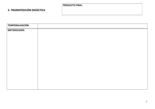 2. TRANSPOSICIÓN DIDÁCTICA
TEMPORALIZACIÓN
METODOLOGÍA
PRODUCTO FINAL:
3
 