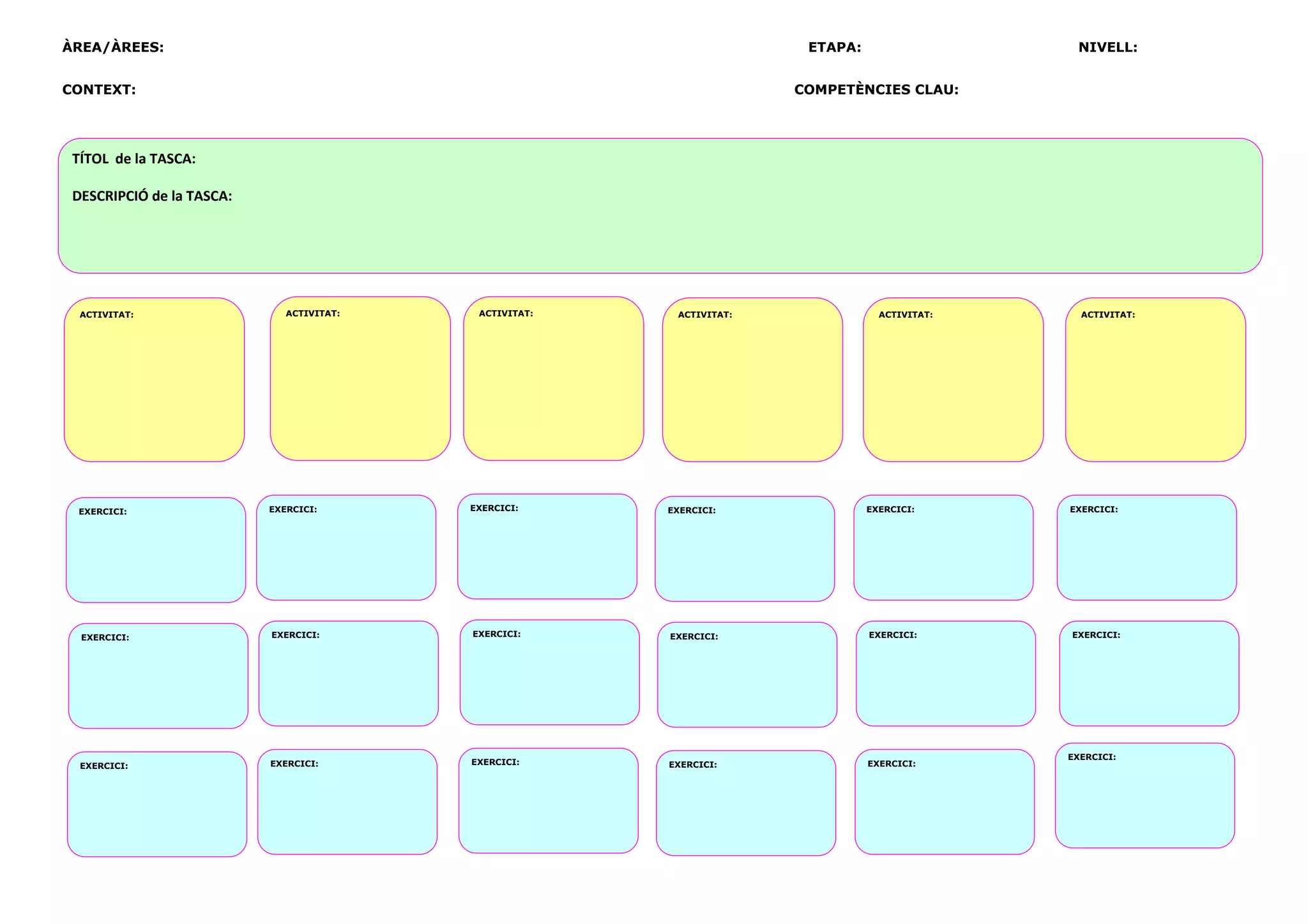 ÀREA/ÀREES: ETAPA: NIVELL:
CONTEXT: COMPETÈNCIES CLAU:
TÍTOL de la TASCA:
DESCRIPCIÓ de la TASCA:
ACTIVITAT: ACTIVITAT: ACTIVITAT: ACTIVITAT: ACTIVITAT:ACTIVITAT:
EXERCICI: EXERCICI: EXERCICI: EXERCICI: EXERCICI: EXERCICI:
EXERCICI: EXERCICI: EXERCICI: EXERCICI: EXERCICI: EXERCICI:
EXERCICI: EXERCICI: EXERCICI: EXERCICI: EXERCICI:
EXERCICI: