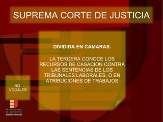 SUPREMA CORTE DE JUSTICIA DIVIDIDA EN CAMARAS. LA TERCERA CONOCE LOS RECURSOS DE CASACION CONTRA LAS SENTENCIAS DE LOS TRIBUNALES LABORALES, O EN ATRIBUCIONES DE TRABAJOS NO  VOCALES 