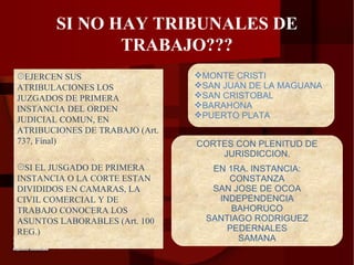 SI NO HAY TRIBUNALES DE TRABAJO??? EJERCEN SUS ATRIBULACIONES LOS JUZGADOS DE PRIMERA INSTANCIA DEL ORDEN JUDICIAL COMUN, EN ATRIBUCIONES DE TRABAJO (Art. 737, Final) SI EL JUSGADO DE PRIMERA  INSTANCIA O LA CORTE ESTAN DIVIDIDOS EN CAMARAS, LA CIVIL COMERCIAL Y DE TRABAJO CONOCERA LOS ASUNTOS LABORABLES (Art. 100 REG.) MONTE CRISTI SAN JUAN DE LA MAGUANA SAN CRISTOBAL BARAHONA PUERTO PLATA CORTES CON PLENITUD DE JURISDICCION. EN 1RA. INSTANCIA: CONSTANZA SAN JOSE DE OCOA INDEPENDENCIA BAHORUCO SANTIAGO RODRIGUEZ PEDERNALES SAMANA 