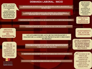 DEPOSITO DE ESCRITO INICIAL DE DEMANDA O DECLARACION EN SECRETARIA AUTO DE AUTORIZACION PARA NOTIFICAR LA DEMANDA Y FIJACION DE LA  AUDIENCIA  DE CONCILIACION  DEPOSITO DEL ESCRITO INICIAL DE DEFENSA DE LA PARTE DEMANDADA CELEBRACION DE LA AUDIENCIA DE CONCILIACION LEVANTAMIENTO DEL ACTA DE NO CONCILIACION Y FIJACION DE LA AUDIENCIA DE PRESENTACION Y DISCUSION DE PRUEBAS CELEBRACION DE LA  AUDIENCIA DE PRESENTACION Y DISCUSION DE PRUEBAS DEPOSITO DE ESCRITOS AMPLIATORIOS DE CONCLUSIONES PRONUNCIAMIENTO DE LA SENTENCIA  DEMANDA LABORAL.  INICIO EN UN PLAZO DE48 HORAS. 96 HORAS PARA APODERAR LA SALA EN CASO DE QUE EL JUZGADO ESTE DIVIDIDO. ENTRE  LA FECHA DE LA CITACION Y LA AUDIENCIA DE CONCILIACION DEBERA MADEAR UN TERMINO NO MENOR DE TRES DIAS FRANCOS ARCHIVO DEFINITIVO DEL EXPEDIENTE LEVANTAMIENTO DEL ACTA DE CONCILIACION ENTRE LA AUDIENCIA DE CONCILIACION Y LA DE PRUEBA DEBERA MEDIAR UN TERMINO NO MENOR DE TRES DIAS FRANCO EN UN PLAZO DE 48 HORAS DESPUES DE CERRADA LA AUDIENCIA DE PRUEBA EN 15 DIAS SI SE TRATA DE CONFLICTOS JURIDICOS INDIVIDUALES. 30 DIAS SI EL CONFLICTO ES COLECTIVO HORA ANTES DE LA AUDIENCIA DE CONCILIACION 