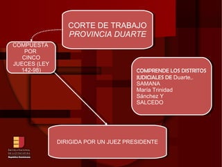 CORTE DE TRABAJO  PROVINCIA DUARTE DIRIGIDA POR UN JUEZ PRESIDENTE COMPUESTA  POR  CINCO JUECES (LEY 142-98) COMPRENDE LOS DISTRITOS JUDICIALES DE  Duarte,.  SAMANA  María Trinidad  Sánchez Y  SALCEDO 