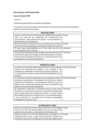 Roser Palacios -EdiciónMarzo 2016
Curso de Tutores INTEF
Tarea 2.4
Reflexionesyplantillaparaactividades individuales.
1. C...