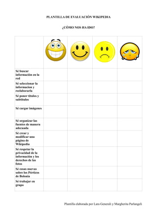 PLANTILLA DE EVALUACIÓN WIKIPEDIA


                             ¿CÓMO NOS HA IDO?




Sé buscar
información en la
red
Sé seleccionar la
informacion y
reelaborarla
Sé poner titulos y
subtitulos

Sé cargar imágenes


Sé organizar las
fuentes de manera
adecuada
Sé crear y
modificar una
página de
Wikipedia
Sé respetar la
privacidad de la
información y los
derechos de las
fotos
Sé cosas nuevas
sobre los Pórticos
de Bolonia
Sé trabajar en
grupo




                              Plantilla elaborada por Lara Generali y Margherita Parlangeli
 