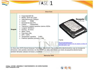 Código: 103380 - ENSAMBLE Y MANTENIMIENTO DE COMPUTADORES
Fase: Evaluación Final
Disco Duro
Seagate
 Capacidad 500 Gb
 Interfaz SATA de 6 Gb/s
 Velocidad de giro 7200rpm
 Caché 32MB
 Densidad de área 670
 Cifrado: Cifrado/FIPS
 Tolerancia a golpes operativa máxima 400Gs
 Longitud 100.55mm
 Anchura 70.10mm
 Altura 7.0mm
 Peso típico 95g
 AFR 0.48%
 Temperatura operativa 0.48%
 Potencia operativa promedio: 1.5W
Fuente:
http://www.technolovia.com/wp-
content/uploads/2013/03/disco_duro_ide_seagate_de_300gb_720
0rpm_8mb_cache_1_.jpg
Un disco duro SATA (Serial Advanced Technology Attachment), es un dispositivo electromecánico que se encarga de
almacenar y leer grandes volúmenes de información con altas velocidades por medio de pequeños electroimanes
(también llamadas cabezas de lectura y escritura)
Memorias RAM
 