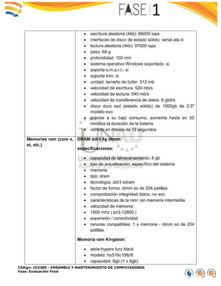 Código: 103380 - ENSAMBLE Y MANTENIMIENTO DE COMPUTADORES
Fase: Evaluación Final
 escritura aleatoria (4kb): 66000 iops
 interfaces de disco de estado sólido: serial ata iii
 lectura aleatoria (4kb): 97000 iops
 peso: 68 g
 profundidad: 100 mm
 sistema operativo Windows soportado: si
 soporte s.m.a.r.t.: si
 soporte trim: si
 unidad, tamaño de búfer: 512 mb
 velocidad de escritura: 520 mb/s
 velocidad de lectura: 540 mb/s
 velocidad de transferencia de datos: 6 gbit/s
 disco duro ssd (estado sólido) de 1000gb de 2.5"
modelo evo
 gracias a su bajo consumo, aumenta hasta en 50
minutos la duración de la batería
 reinicio en menos de 12 segundos
Memorias ram (core x,
st, etc.)
DRAM ddr3 8g dimm:
especificaciones:
 capacidad de almacenamiento: 8 gb
 tipo de actualización: específico del sistema
 memoria
 tipo: dram
 tecnología: ddr3 sdram
 factor de forma: dimm so de 204 patillas
 comprobación integridad datos: no ecc
 características de la ram: sin memoria intermedia
 velocidad de memoria:
 1600 mhz ( pc3-12800 )
 expansión / conectividad
 ranuras compatibles: 1 x memoria - dimm so de 204
patillas
Memoria ram Kingston:
 serie:hyperx fury black
 modelo: hx316c10fb/8
 capacidad: 8gb (1 x 8gb)
 