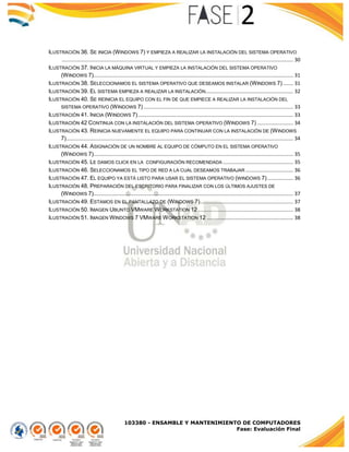 103380 - ENSAMBLE Y MANTENIMIENTO DE COMPUTADORES
Fase: Evaluación Final
ILUSTRACIÓN 36. SE INICIA (WINDOWS 7) Y EMPIEZA A REALIZAR LA INSTALACIÓN DEL SISTEMA OPERATIVO
................................................................................................................................................................. 30
ILUSTRACIÓN 37. INICIA LA MÁQUINA VIRTUAL Y EMPIEZA LA INSTALACIÓN DEL SISTEMA OPERATIVO
(WINDOWS 7)........................................................................................................................................... 31
ILUSTRACIÓN 38. SELECCIONAMOS EL SISTEMA OPERATIVO QUE DESEAMOS INSTALAR (WINDOWS 7) ....... 31
ILUSTRACIÓN 39. EL SISTEMA EMPIEZA A REALIZAR LA INSTALACIÓN............................................................. 32
ILUSTRACIÓN 40. SE REINICIA EL EQUIPO CON EL FIN DE QUE EMPIECE A REALIZAR LA INSTALACIÓN DEL
SISTEMA OPERATIVO (WINDOWS 7) ........................................................................................................ 33
ILUSTRACIÓN 41. INICIA (WINDOWS 7)............................................................................................................ 33
ILUSTRACIÓN 42 CONTINUA CON LA INSTALACIÓN DEL SISTEMA OPERATIVO (WINDOWS 7) ......................... 34
ILUSTRACIÓN 43. REINICIA NUEVAMENTE EL EQUIPO PARA CONTINUAR CON LA INSTALACIÓN DE (WINDOWS
7).............................................................................................................................................................. 34
ILUSTRACIÓN 44. ASIGNACIÓN DE UN NOMBRE AL EQUIPO DE CÓMPUTO EN EL SISTEMA OPERATIVO
(WINDOWS 7)........................................................................................................................................... 35
ILUSTRACIÓN 45. LE DAMOS CLICK EN LA CONFIGURACIÓN RECOMENDADA ................................................. 35
ILUSTRACIÓN 46. SELECCIONAMOS EL TIPO DE RED A LA CUAL DESEAMOS TRABAJAR ................................. 36
ILUSTRACIÓN 47. EL EQUIPO YA ESTÁ LISTO PARA USAR EL SISTEMA OPERATIVO (WINDOWS 7).................. 36
ILUSTRACIÓN 48. PREPARACIÓN DEL ESCRITORIO PARA FINALIZAR CON LOS ÚLTIMOS AJUSTES DE
(WINDOWS 7)........................................................................................................................................... 37
ILUSTRACIÓN 49. ESTAMOS EN EL PANTALLAZO DE (WINDOWS 7)................................................................. 37
ILUSTRACIÓN 50. IMAGEN UBUNTO VMWARE WORKSTATION 12 .................................................................. 38
ILUSTRACIÓN 51. IMAGEN WINDOWS 7 VMWARE WORKSTATION 12 ............................................................ 38
 