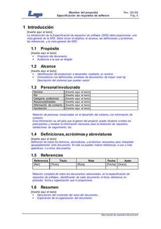 [Nombre del proyecto]
Especificación de requisitos de software
Rev. [99.99]
Pág. 6
Descripción de requisitos delsofware
1 Introducción
[Inserte aquí el texto]
La introducción de la Especificación de requisitos de software (SRS) debe proporcionar una
vista general de la SRS. Debe incluir el objetivo, el alcance, las definiciones y acrónimos,
las referencias, y la vista general del SRS.
1.1 Propósito
[Inserte aquí el texto]
 Propósito del documento
 Audiencia a la que va dirigido
1.2 Alcance
[Inserte aquí el texto]
 Identificación del producto(s) a desarrollar mediante un nombre
 Consistencia con definiciones similares de documentos de mayor nivel (ej.
Descripción del sistema) que puedan existir
1.3 Personalinvolucrado
Nombre [Inserte aquí el texto]
Rol [Inserte aquí el texto]
Categoría profesional [Inserte aquí el texto]
Responsabilidades [Inserte aquí el texto]
Información de contacto [Inserte aquí el texto]
Aprobación [Inserte aquí el texto]
Relación de personas involucradas en el desarrollo del sistema, con información de
contacto.
Esta información es útil para que el gestor del proyecto pueda localizar a todos los
participantes y recabar la información necesaria para la obtención de requisitos,
validaciones de seguimiento, etc.
1.4 Definiciones,acrónimos y abreviaturas
[Inserte aquí el texto]
Definición de todos los términos, abreviaturas y acrónimos necesarios para interpretar
apropiadamente este documento. En ella se pueden indicar referencias a uno o más
apéndices, o a otros documentos.
1.5 Referencias
Referencia Titulo Ruta Fecha Autor
[Ref.] [Título] [Ruta] [Fecha] [Autor]
Relación completa de todos los documentos relacionados en la especificación de
requisitos de software, identificando de cada documento el titulo, referencia (si
procede), fecha y organización que lo proporciona.
1.6 Resumen
[Inserte aquí el texto]
 Descripción del contenido del resto del documento
 Explicación de la organización del documento
 
