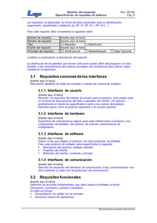 [Nombre del proyecto]
Especificación de requisitos de software
Rev. [99.99]
Pág. 8
Descripción de requisitos delsofware
Los requisitos se dispondrán en forma de listas numeradas para su identificación,
seguimiento, trazabilidad y validación (ej. RF 10, RF 10.1, RF 10.2,...).
Para cada requisito debe completarse la siguiente tabla:
Número de requisito [Inserte aquí el texto]
Nombre de requisito [Inserte aquí el texto]
Tipo Requisito Restricción
Fuente del requisito [Inserte aquí el texto]
Prioridad del requisito Alta/Esencial Media/Deseado Baja/ Opcional
y realizar a continuación la descripción del requisito
La distribución de los párrafos que forman este punto puede diferir del propuesto en esta
plantilla, si las características del sistema aconsejan otra distribución para ofrecer mayor
claridad en la exposición.
3.1 Requisitos comunes de los interfaces
[Inserte aquí el texto]
Descripción detallada de todas las entradas y salidas del sistema de software.
3.1.1 Interfaces de usuario
[Inserte aquí el texto]
Describir los requisitos del interfaz de usuario para el producto. Esto puede estar
en la forma de descripciones del texto o pantallas del interfaz. Por ejemplo
posiblemente el cliente ha especificado el estilo y los colores del producto.
Describa exacto cómo el producto aparecerá a su usuario previsto.
3.1.2 Interfaces de hardware
[Inserte aquí el texto]
Especificar las características lógicas para cada interfaz entre el producto y los
componentes de hardware del sistema. Se incluirán características de
configuración.
3.1.3 Interfaces de software
[Inserte aquí el texto]
Indicar si hay que integrar el producto con otros productos de software.
Para cada producto de software debe especificarse lo siguiente:
 Descripción del producto software utilizado
 Propósito del interfaz
 Definición del interfaz: contiendo y formato
3.1.4 Interfaces de comunicación
[Inserte aquí el texto]
Describir los requisitos del interfaces de comunicación si hay comunicaciones con
otros sistemas y cuales son las protocolos de comunicación.
3.2 Requisitos funcionales
[Inserte aquí el texto]
Definición de acciones fundamentales que debe realizar el software al recibir
información, procesarla y producir resultados.
En ellas se incluye:
 Comprobación de validez de las entradas
 Secuencia exacta de operaciones
 