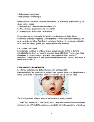 14
- Deficiencias nutricionales
- Radiografías o radioterapia
Un embrión de unas siete semanas puede tener un tamaño de 10 milímetros y se
divide en tres capas:
a.- Endodermo o capa más interna del embrión
b.- Mesodermo o capa intermedia del embrión
c.- Ectodermo o capa externa del embrión
Estas capas se van diferenciando hasta formar los esbozos de los futuros
sistemas o aparatos corporales. Del ectodermo se forma el sistema nervioso y los
órganos de los sentidos. Esta fase o periodo se divide en cinco etapas en función
de la parte del cuerpo que se está desarrollando en el embrión.
4.1.3. PERIODO FETAL
Es el periodo en el que el embrión llega a su culminación, el feto ya tiene la
definida la forma de un ser humano y seguirá desarrollándose 7 meses más hasta
abandonar el claustro o útero materno a través del nacimiento o parto. El
nacimiento o parto marca el final de esta etapa del desarrollo humano y da lugar a
la etapa de la infancia.
4.2PERIODO DE LA INFANCIA
La infancia es la segunda de las etapas dentro del desarrollo
l del ser humano, es posterior a la etapa o fase prenatal y precede a la etapa de la
niñez. Es la etapa comprendida entre el nacimiento y los 6 años de edad.
Tiene tres periodos o fases, veamos las fases de la etapa prenatal:
1. PERIODO NEONATAL: Este recién nacido vive durante el primer mes después
del nacimiento el PeriodoNeonatal, pesa alrededor de 3 kilos y presenta una cabeza
 