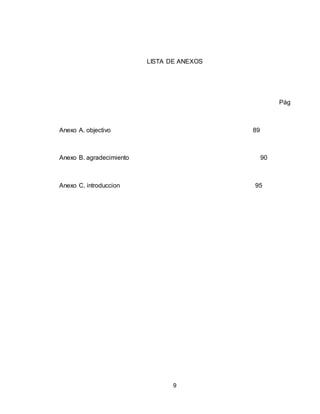 9
LISTA DE ANEXOS
Pág
Anexo A. objectivo 89
Anexo B. agradecimiento 90
Anexo C. introduccion 95
 