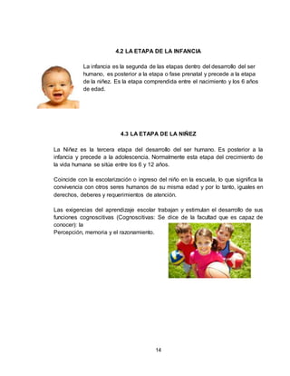 14
4.2 LA ETAPA DE LA INFANCIA
La infancia es la segunda de las etapas dentro del desarrollo del ser
humano, es posterior a la etapa o fase prenatal y precede a la etapa
de la niñez. Es la etapa comprendida entre el nacimiento y los 6 años
de edad.
4.3 LA ETAPA DE LA NIÑEZ
La Niñez es la tercera etapa del desarrollo del ser humano. Es posterior a la
infancia y precede a la adolescencia. Normalmente esta etapa del crecimiento de
la vida humana se sitúa entre los 6 y 12 años.
Coincide con la escolarización o ingreso del niño en la escuela, lo que significa la
convivencia con otros seres humanos de su misma edad y por lo tanto, iguales en
derechos, deberes y requerimientos de atención.
Las exigencias del aprendizaje escolar trabajan y estimulan el desarrollo de sus
funciones cognoscitivas (Cognoscitivas: Se dice de la facultad que es capaz de
conocer): la
Percepción, memoria y el razonamiento.
 