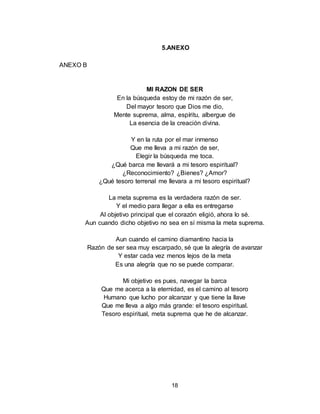 18
5.ANEXO
ANEXO B
MI RAZON DE SER
En la búsqueda estoy de mi razón de ser,
Del mayor tesoro que Dios me dio,
Mente suprema, alma, espíritu, albergue de
La esencia de la creación divina.
Y en la ruta por el mar inmenso
Que me lleva a mi razón de ser,
Elegir la búsqueda me toca.
¿Qué barca me llevará a mi tesoro espiritual?
¿Reconocimiento? ¿Bienes? ¿Amor?
¿Qué tesoro terrenal me llevara a mi tesoro espiritual?
La meta suprema es la verdadera razón de ser.
Y el medio para llegar a ella es entregarse
Al objetivo principal que el corazón eligió, ahora lo sé.
Aun cuando dicho objetivo no sea en sí misma la meta suprema.
Aun cuando el camino diamantino hacia la
Razón de ser sea muy escarpado, sé que la alegría de avanzar
Y estar cada vez menos lejos de la meta
Es una alegría que no se puede comparar.
Mi objetivo es pues, navegar la barca
Que me acerca a la eternidad, es el camino al tesoro
Humano que lucho por alcanzar y que tiene la llave
Que me lleva a algo más grande: el tesoro espiritual.
Tesoro espiritual, meta suprema que he de alcanzar.
 