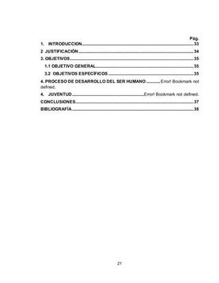 21
Pág.
1. INTRODUCCION........................................................................................................33
2 JUSTIFICACIÓN...........................................................................................................34
3. OBJETIVOS...................................................................................................................35
1.1 OBJETIVO GENERAL...........................................................................................35
3.2 OBJETIVOS ESPECÍFICOS ...............................................................................35
4. PROCESO DE DESARROLLO DEL SER HUMANO.............Error! Bookmark not
defined.
4. JUVENTUD...................................................................Error! Bookmark not defined.
CONCLUSIONES..............................................................................................................37
BIBLIOGRAFÍA.................................................................................................................38
 