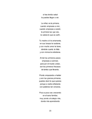 23
si has tenido salud
la puedes llegar a ver.
La niñez es la primera,
cuando empiezas a vivir,
cuando empiezas a existir,
la primera luz que ves,
no sabes lo que es sufrir.
Tu madre a ti te amamanta,
en sus brazos te sostiene,
y con mucho amor te tiene,
dándote cuanto te falta
y con mimos te entretiene.
Al dar tus primeros pasos
empiezas a caminar,
para por el mundo andar,
son los primeros fracasos
de tantos que llevarás.
Pronto empezarás a hablar
y son tus gracias primeras,
puedes decir lo que quieras
porque a nadie enfadarás
con palabras tan sinceras.
Poco a poco vas creciendo
en el seno familiar,
muy pronto al colegio irás,
donde irás aprendiendo
 