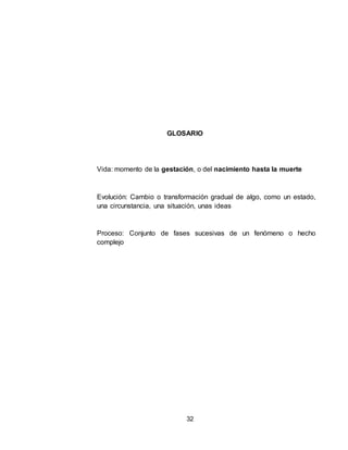 32
GLOSARIO
Vida: momento de la gestación, o del nacimiento hasta la muerte
Evolución: Cambio o transformación gradual de algo, como un estado,
una circunstancia, una situación, unas ideas
Proceso: Conjunto de fases sucesivas de un fenómeno o hecho
complejo
 