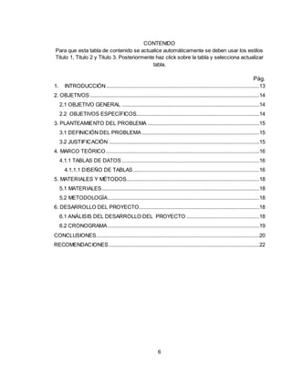 6
CONTENIDO
Para que esta tabla de contenido se actualice automáticamente se deben usar los estilos
Titulo 1, Titulo 2 y Titulo 3. Posteriormente haz click sobre la tabla y selecciona actualizar
tabla.
Pág.
1. INTRODUCCIÓN...........................................................................................................13
2. OBJETIVOS ......................................................................................................................14
2.1 OBJETIVO GENERAL ................................................................................................14
2.2 OBJETIVOS ESPECÍFICOS......................................................................................14
3. PLANTEAMIENTO DEL PROBLEMA ..............................................................................15
3.1 DEFINICIÓN DEL PROBLEMA ..................................................................................15
3.2 JUSTIFICACIÓN .........................................................................................................15
4. MARCO TEÓRICO ...........................................................................................................16
4.1.1 TABLAS DE DATOS ................................................................................................16
4.1.1.1 DISEÑO DE TABLAS ........................................................................................16
5. MATERIALES Y MÉTODOS.............................................................................................18
5.1 MATERIALES..............................................................................................................18
5.2 METODOLOGÍA..........................................................................................................18
6. DESARROLLO DEL PROYECTO....................................................................................18
6.1 ANÁLISIS DEL DESARROLLO DEL PROYECTO ...................................................18
6.2 CRONOGRAMA..........................................................................................................19
CONCLUSIONES..................................................................................................................20
RECOMENDACIONES .........................................................................................................22
 
