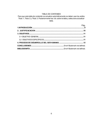 6
TABLA DE CONTENIDO
Para que esta tabla de contenido se actualice automáticamente se deben usar los estilos
Titulo 1, Titulo 2 y Titulo 3. Posteriormente haz clic sobre la tabla y selecciona actualizar
tabla.
Pág.
1.INTRODUCCIÓN .................................................................................................................9
2. JUSTIFICACACION ........................................................................................................10
3. OBJETIVOS......................................................................................................................11
3.1 OBJETIVO GENERAL ................................................................................................11
3.2 OBJETIVOS ESPECÍFICOS......................................................................................11
4. PROCESO DE DESARROLLO DEL SER HUMANO. ....................................................12
CONCLUSIONES......................................................................Error! Bookmark not defined.
BIBLIOGRAFÍA .........................................................................Error! Bookmark not defined.
 