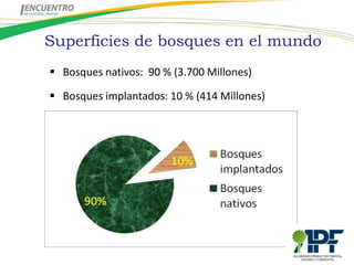 Superficies de bosques en el mundo
 Bosques nativos: 90 % (3.700 Millones)

 Bosques implantados: 10 % (414 Millones)
 