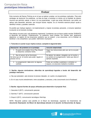 Evaluar
Este momento del Desing Thinking es en el que se realizan pruebas con los prototipos realizados. Para esta
estrategia de resolución de problemas, se trata de llevar el prototipo al cliente con la finalidad de obtener
insumos que permitan evaluar si llena o no sus expectativas, o para que arroje información que podría ser
valiosa para desarrollar versiones que incluyan futuras mejoras. Es un momento esencial porque ayuda a
identificar errores y posibles carencias.
Es posible que implique regresar a la implementación y mejorar el prototipo pensando, o inclusive replantear
la solución en el momento de Idear.
Para efectos de este curso, solo estaremos registrando 3 problemas que se hayan podido resolver DURANTE
el desarrolla del prototipo. Evidentemente, no podremos hacer pruebas con clientes, pero igualmente
dejaremos un registro de las situaciones problema que se tuvieron y sus soluciones, con la finalidad de
beneficiar a los compañeros que puedan realimentar el proyecto.
1. Tomando en cuenta lo que implica evaluar, complete la siguiente tabla:
Descripción del problema en el prototipo Solución desarrollada
1. El puerto de la tarjeta Circut Play Ground
se desactiva constante mente.
Seguir las instrucciones pero aun así no se pudo
activar.
2. Que el sensor de luz funcionara
Se tenía que ver el monitor para poder regular el
proceso de luz
Se valoran los valores otorgados por el monitor y
se cambió en la programación hasta que diera el
ejemplo esperado.
3. La programación daba error en algunos
cambios
Podía ser comillas o paréntesis o símbolos un
espacio, se soluciona mediante el análisis.
2. Escriba algunas conclusiones obtenidas de aprendizaje logradas a través del desarrollo del
prototipo interactivo.
a. Hay que perseverar para alcanzar el proceso deseado, en cuanto a la programación.
b. En mi caso mucho entendimiento entre actuadores y sensores y más conocimiento de la Protoboard.
3. Escriba algunas fuentes de apoyo utilizadas para desarrollar el proyecto final.
1. Cascante.H (2017), comunicación personal.
2. Sanchez.Y (2017), comunicación personal
3. Grupo.A (2017), comunicación tecnológica Watt App
NOTA: Recuerde publicar esta plantilla en el Álbum de Aprendizaje, siguiendo los lineamientos del
documento Descripción de Álbum de Aprendizaje ubicado en la sección de Documentos de Apoyo.
 