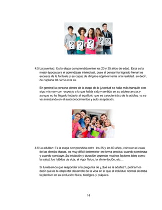 14
4.5 La juventud: Es la etapa comprendida entre los 20 y 25 años de edad. Esta es la
mejor época para el aprendizaje intelectual, pues el pensar ha logrado frenar los
excesos de la fantasía y es capaz de dirigirse objetivamente a la realidad. es decir,
de captarla tal como esta es.
En general la persona dentro de la etapa de la juventud se halla más tranquilo con
sigo mismo y con respecto a lo que había sido y sentido en su adolescencia, y
aunque no ha llegado todavía al equilibrio que es característico de la adultez ya se
va avanzando en el autoconocimientos y auto aceptación.
4.6 La adultez: Es la etapa comprendida entre los 25 y los 60 años, como en el caso
de las demás etapas, es muy difícil determinar en forma precisa, cuando comienza
y cuando concluye. Su iniciación y duración depende muchos factores tales como
la salud, los hábitos de vida, el vigor físico, la alimentación, etc…
Si tuviésemos que responder a la pregunta de ¿Qué es la adultez?, podríamos
decir que es la etapa del desarrollo de la vida en el que el individuo normal alcanza
la plenitud en su evolución física, biológica y psíquica.
 