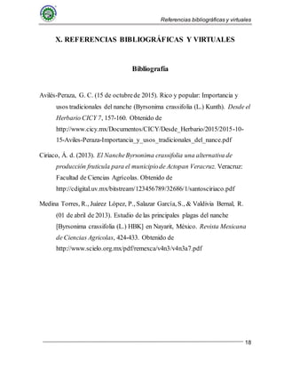 Referencias bibliográficas y virtuales
18
X. REFERENCIAS BIBLIOGRÁFICAS Y VIRTUALES
Bibliografía
Avilés-Peraza, G. C. (15 de octubrede 2015). Rico y popular: Importancia y
usos tradicionales del nanche (Byrsonima crassifolia (L.) Kunth). Desde el
Herbario CICY 7, 157-160. Obtenido de
http://www.cicy.mx/Documentos/CICY/Desde_Herbario/2015/2015-10-
15-Aviles-Peraza-Importancia_y_usos_tradicionales_del_nance.pdf
Ciriaco, Á. d. (2013). El NancheByrsonima crassifolia una alternativa de
producción fruticula para el municipiode Actopan Veracruz. Veracruz:
Facultad de Ciencias Agrícolas. Obtenido de
http://cdigital.uv.mx/bitstream/123456789/32686/1/santosciriaco.pdf
Medina Torres, R., Juárez López, P., Salazar García, S., & Valdivia Bernal, R.
(01 de abril de 2013). Estudio de las principales plagas del nanche
[Byrsonima crassifolia (L.) HBK] en Nayarit, México. Revista Mexicana
de Ciencias Agricolas, 424-433. Obtenido de
http://www.scielo.org.mx/pdf/remexca/v4n3/v4n3a7.pdf
 