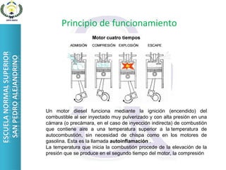 Principio de funcionamiento Un motor diesel funciona mediante la ignición (encendido) del combustible al ser inyectado muy pulverizado y con alta presión en una cámara (o precámara, en el caso de inyección indirecta) de combustión que contiene aire a una temperatura superior a la temperatura de autocombustión, sin necesidad de chispa como en los motores de gasolina. Esta es la llamada  autoinflamación  . La temperatura que inicia la combustión procede de la elevación de la presión que se produce en el segundo tiempo del motor, la compresión 