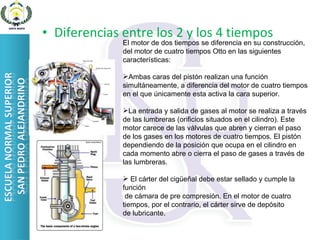 Diferencias entre los 2 y los 4 tiempos El motor de dos tiempos se diferencia en su construcción, del motor de cuatro tiempos Otto en las siguientes características: Ambas caras del pistón realizan una función simultáneamente, a diferencia del motor de cuatro tiempos en el que únicamente esta activa la cara superior. La entrada y salida de gases al motor se realiza a través de las lumbreras (orificios situados en el cilindro). Este motor carece de las válvulas que abren y cierran el paso de los gases en los motores de cuatro tiempos. El pistón dependiendo de la posición que ocupa en el cilindro en cada momento abre o cierra el paso de gases a través de las lumbreras. El cárter del cigüeñal debe estar sellado y cumple la función de cámara de pre compresión. En el motor de cuatro tiempos, por el contrario, el cárter sirve de depósito de lubricante. 