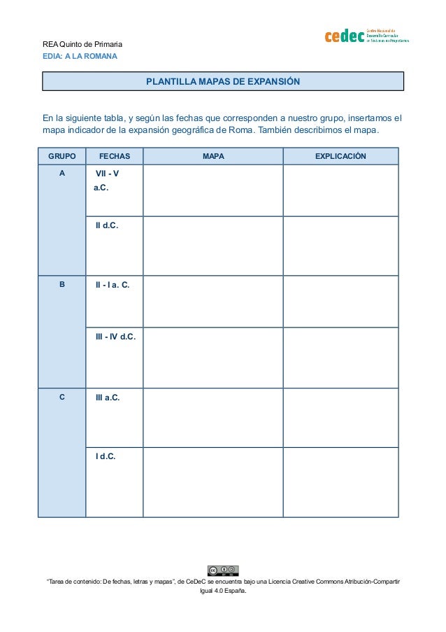 REA Quinto de Primaria
EDIA: A LA ROMANA
PLANTILLA MAPAS DE EXPANSIÓN
En la siguiente tabla, y según las fechas que corres...