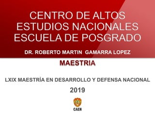 MAESTRIA
CENTRO DE ALTOS
ESTUDIOS NACIONALES
ESCUELA DE POSGRADO
DR. ROBERTO MARTIN GAMARRA LOPEZ
LXIX MAESTRÍA EN DESARROLLO Y DEFENSA NACIONAL
2019
 