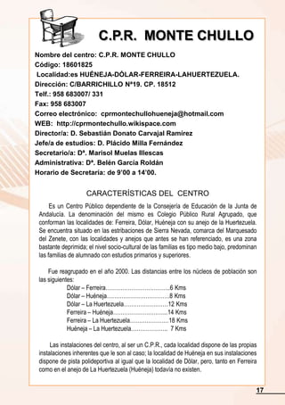 Nombre del centro: C.P.R. MONTE CHULLO
Código: 18601825
Localidad:es HUÉNEJA-DÓLAR-FERREIRA-LAHUERTEZUELA.
Dirección: C/BARRICHILLO Nª19. CP. 18512
Telf.: 958 683007/ 331
Fax: 958 683007
Correo electrónico: cprmontechullohueneja@hotmail.com
WEB: http://cprmontechullo.wikispace.com
Director/a: D. Sebastián Donato Carvajal Ramírez
Jefe/a de estudios: D. Plácido Milla Fernández
Secretario/a: Dª. Marisol Muelas Illescas
Administrativa: Dª. Belén García Roldán
Horario de Secretaría: de 9’00 a 14’00.
17
C.P.R. MONTE CHULLO
CARACTERÍSTICAS DEL CENTRO
Es un Centro Público dependiente de la Consejería de Educación de la Junta de
Andalucía. La denominación del mismo es Colegio Público Rural Agrupado, que
conforman las localidades de: Ferreira, Dólar, Huéneja con su anejo de la Huertezuela.
Se encuentra situado en las estribaciones de Sierra Nevada, comarca del Marquesado
del Zenete, con las localidades y anejos que antes se han referenciado, es una zona
bastante deprimida; el nivel socio-cultural de las familias es tipo medio bajo, predominan
las familias de alumnado con estudios primarios y superiores.
Fue reagrupado en el año 2000. Las distancias entre los núcleos de población son
las siguientes:
Dólar – Ferreira……………………………..6 Kms
Dólar – Huéneja…………………………….8 Kms
Dólar – La Huertezuela……………………12 Kms
Ferreira – Huéneja………………………...14 Kms
Ferreira – La Huertezuela…………………18 Kms
Huéneja – La Huertezuela……………….. 7 Kms
Las instalaciones del centro, al ser un C.P.R., cada localidad dispone de las propias
instalaciones inherentes que le son al caso; la localidad de Huéneja en sus instalaciones
dispone de pista polideportiva al igual que la localidad de Dólar, pero, tanto en Ferreira
como en el anejo de La Huertezuela (Huéneja) todavía no existen.
 