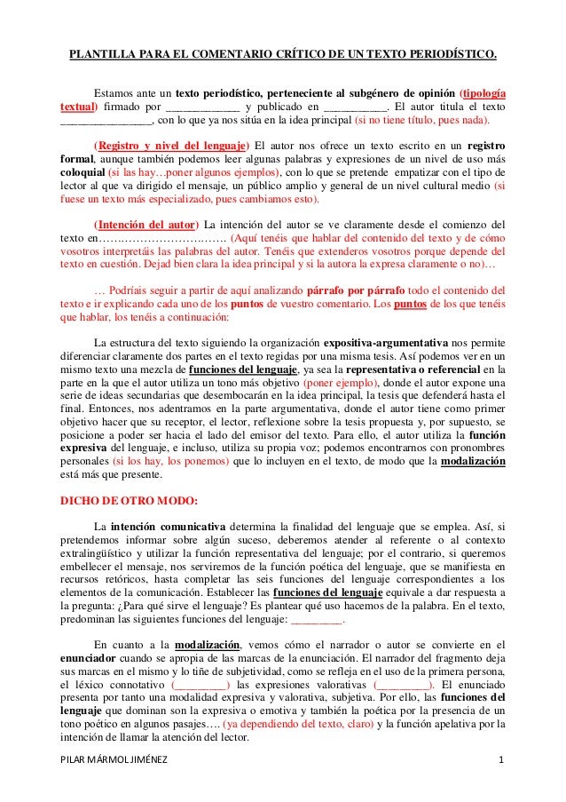 Plantilla para el comentario critico de un texto periodistico