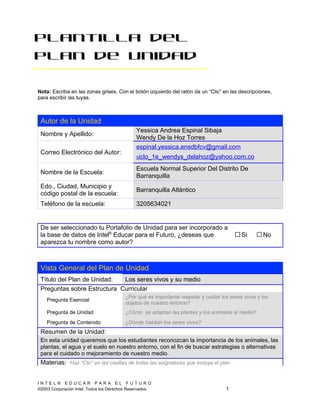 Plantilla del
Plan de Unidad

Nota: Escriba en las zonas grises. Con el botón izquierdo del ratón da un “Clic” en las descripciones,
para escribir las tuyas.



 Autor de la Unidad
                                               Yessica Andrea Espinal Sibaja
 Nombre y Apellido:
                                               Wendy De la Hoz Torres
                                               espinal.yessica.ensdbfcv@gmail.com
 Correo Electrónico del Autor:
                                               siclo_1e_wendys_delahoz@yahoo.com.co
                                               Escuela Normal Superior Del Distrito De
 Nombre de la Escuela:
                                               Barranquilla
 Edo., Ciudad, Municipio y
                                               Barranquilla Atlántico
 código postal de la escuela:
 Teléfono de la escuela:                       3205634021


 De ser seleccionado tu Portafolio de Unidad para ser incorporado a
 la base de datos de Intel® Educar para el Futuro, ¿deseas que                              Si       No
 aparezca tu nombre como autor?



 Vista General del Plan de Unidad
 Título del Plan de Unidad:  Los seres vivos y su medio
 Preguntas sobre Estructura Curricular
                                          ¿Por qué es importante respetar y cuidar los seres vivos y los
    Pregunta Esencial
                                          objetos de nuestro entorno?
    Pregunta de Unidad                    ¿Cómo se adaptan las plantas y los animales al medio?
    Pregunta de Contenido                 ¿Dónde habitan los seres vivos?
 Resumen de la Unidad:
 En esta unidad queremos que los estudiantes reconozcan la importancia de los animales, las
 plantas, el agua y el suelo en nuestro entorno, con el fin de buscar estrategias o alternativas
 para el cuidado o mejoramiento de nuestro medio.
 Materias: Haz “Clic” en las casillas de todas las asignaturas que incluya el plan


INTEL® EDUCAR PARA EL FUTURO
©2003 Corporación Intel. Todos los Derechos Reservados.                              1
 