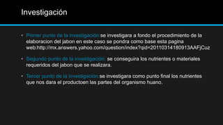 Investigación

• Primer punto de la investigación:se investigara a fondo el procedimiento de la
  elaboracion del jabon en este caso se pondra como base esta pagina
  web:http://mx.answers.yahoo.com/question/index?qid=20110314180913AAFjCuz

• Segundo punto de la investigación: se conseguira los nutrientes o materiales
  requeridos del jabon que se realizara.

• Tercer punto de la investigación:se investigara como punto final los nutrientes
  que nos dara el productoen las partes del organismo huano.
 