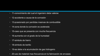 • 11-conocimiento del cual el ingeniero debe valerse
• 12-accidente a causa de la corrosión
• 13-pcasionado por perdidas masivas de combustible
• 14-zona donde la corrosión es acelerada
• 15-caso que se presenta con mucha frecuencia
• 16-aumenta con el grado de la humedad
• 17-simbolo de hierro
• 18-simbolo de berilio
• 19-se debe a la acumulación de gas hidrogeno
• 20-uso de material mas frecuencia en la fabricación de envases
 