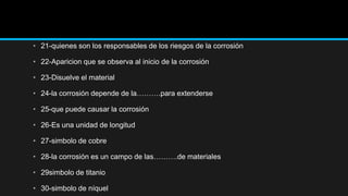 • 21-quienes son los responsables de los riesgos de la corrosión
• 22-Aparicion que se observa al inicio de la corrosión
• 23-Disuelve el material
• 24-la corrosión depende de la……….para extenderse
• 25-que puede causar la corrosión
• 26-Es una unidad de longitud
• 27-simbolo de cobre
• 28-la corrosión es un campo de las……….de materiales
• 29simbolo de titanio
• 30-simbolo de níquel
 