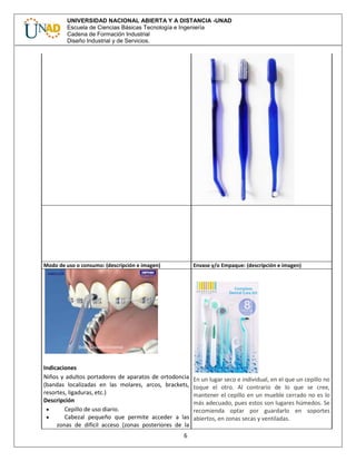 6
UNIVERSIDAD NACIONAL ABIERTA Y A DISTANCIA -UNAD
Escuela de Ciencias Básicas Tecnología e Ingeniería
Cadena de Formación Industrial
Diseño Industrial y de Servicios.
Modo de uso o consumo: (descripción e imagen) Envase y/o Empaque: (descripción e imagen)
Indicaciones
Niños y adultos portadores de aparatos de ortodoncia
(bandas localizadas en las molares, arcos, brackets,
resortes, ligaduras, etc.)
Descripción
 Cepillo de uso diario.
 Cabezal pequeño que permite acceder a las
zonas de difícil acceso (zonas posteriores de la
En un lugar seco e individual, en el que un cepillo no
toque el otro. Al contrario de lo que se cree,
mantener el cepillo en un mueble cerrado no es lo
más adecuado, pues estos son lugares húmedos. Se
recomienda optar por guardarlo en soportes
abiertos, en zonas secas y ventiladas.
 