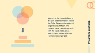 Mercury is the closest planet to
the Sun and the smallest one in
the Solar System—it’s only a bit
larger than our Moon. The
planet’s name has nothing to do
with the liquid metal, since
Mercury was named after the
Roman messenger god
PRACTICALEXERCISE
 